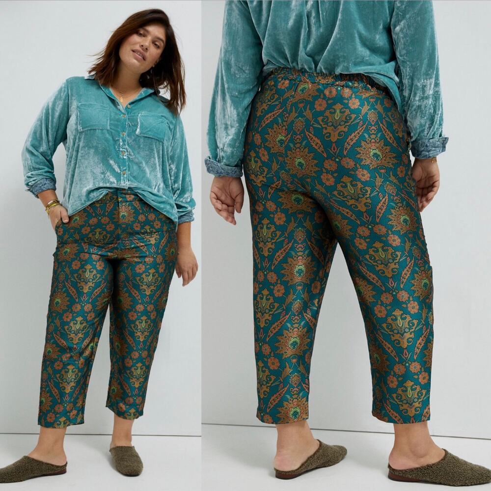 Anthropologie Maeve Melyssa Jacquard Jade Gold Metallic Paisley Trouser Pants XS